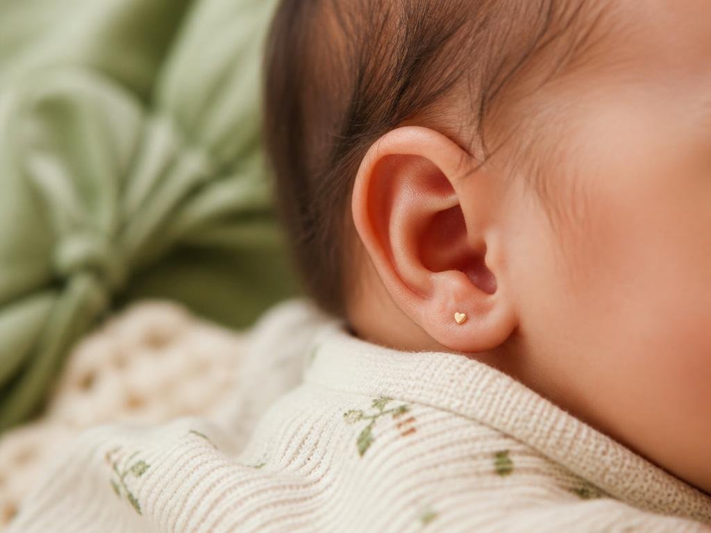 Close-up delicado de orelhinha de bebê com brinco pequeno e hipoalergênico